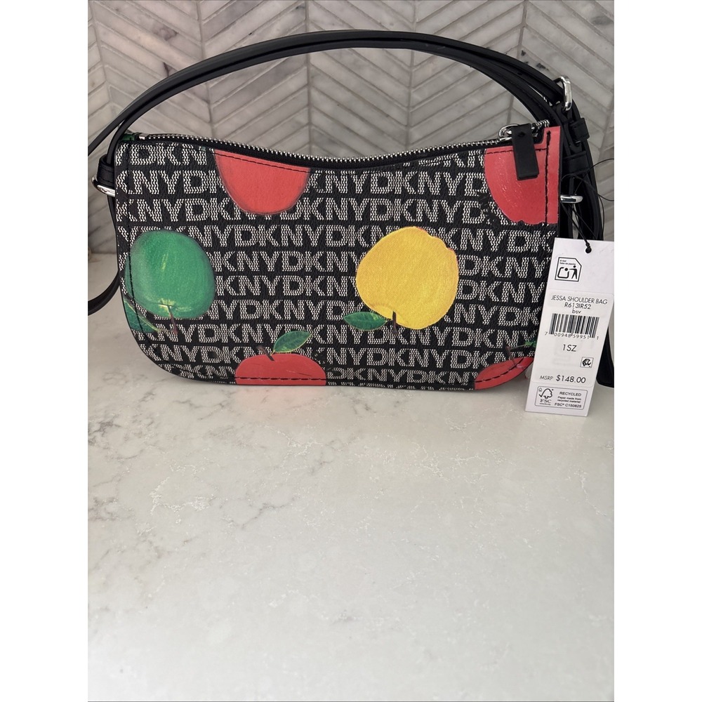 DKNY Small Crescent Shoulder Bag Black White Logo Fruit Print Zip CrossbodyStrap